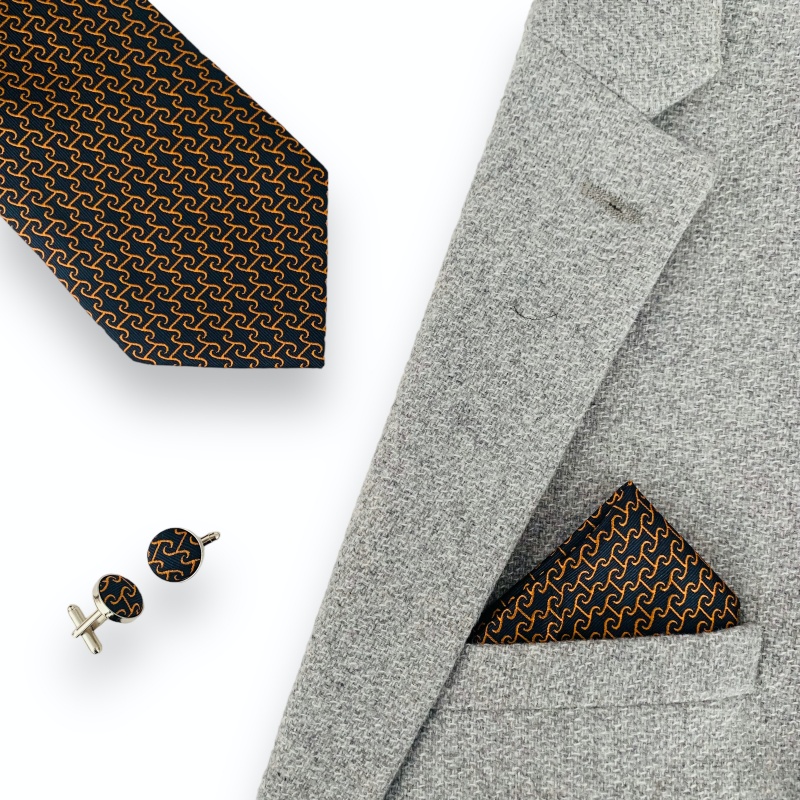 Modro - oranžový set kravata, kapesník a manžetové knoflíčky Waves