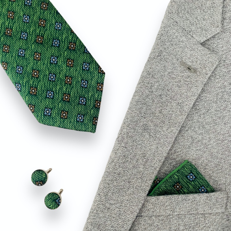 Zelený set kravata, kapesník a manžetové knoflíčky Emblems