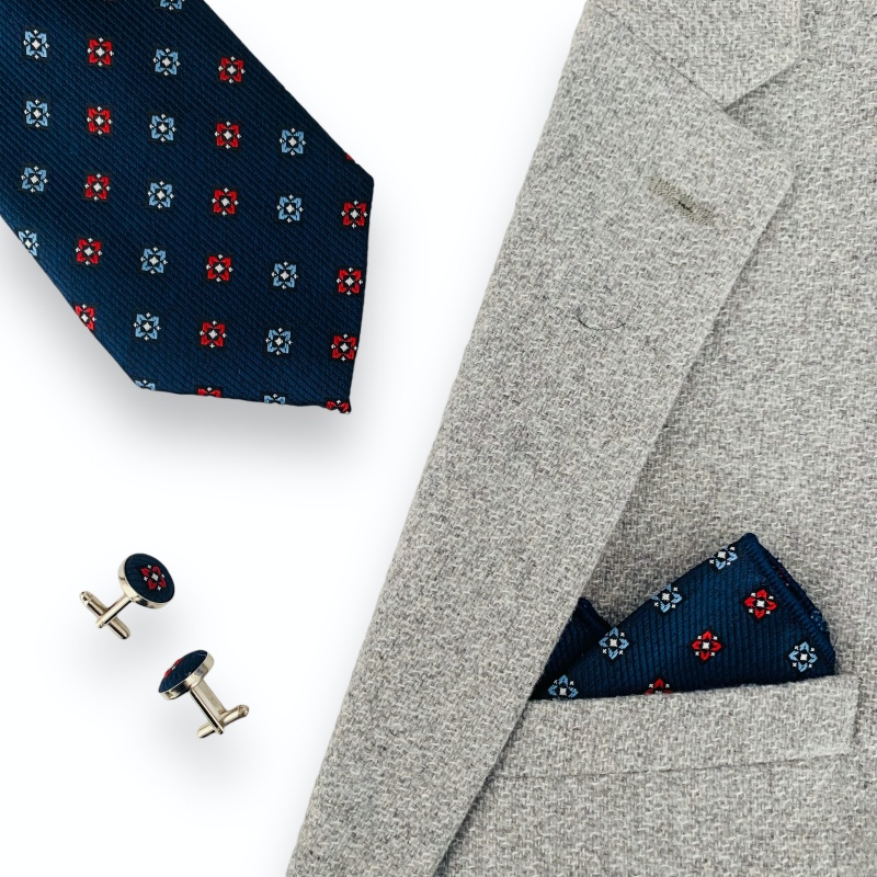 Modrý set kravata, kapesník a manžetové knoflíčky Emblems