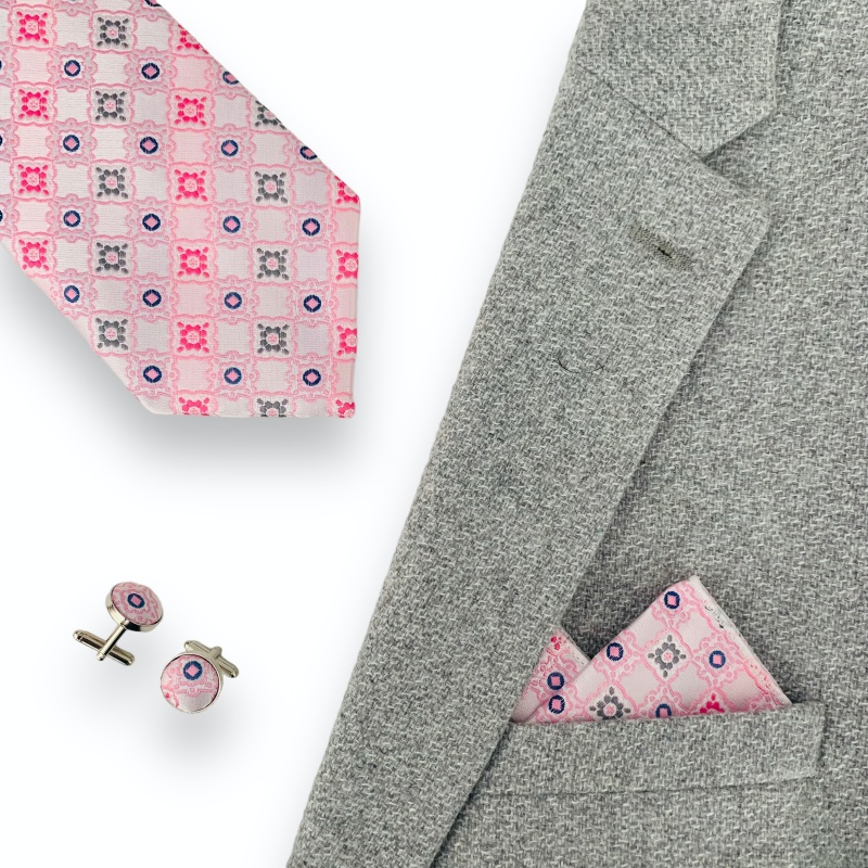 Růžový set kravata, kapesník a manžetové knoflíčky Emblems