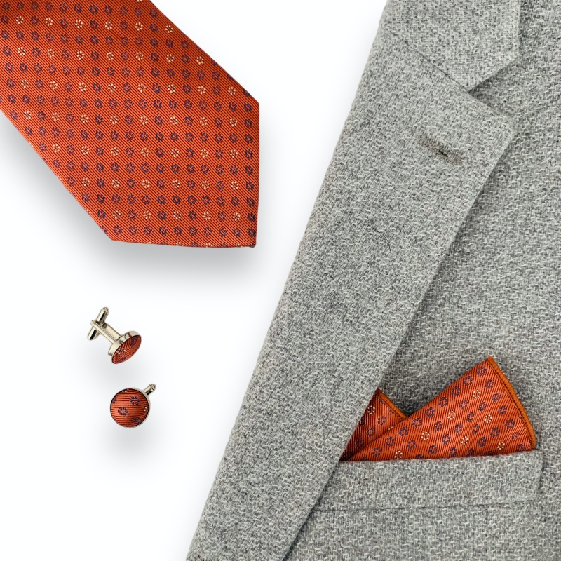 Oranžový set kravata, kapesník a manžetové knoflíčky Flowee
