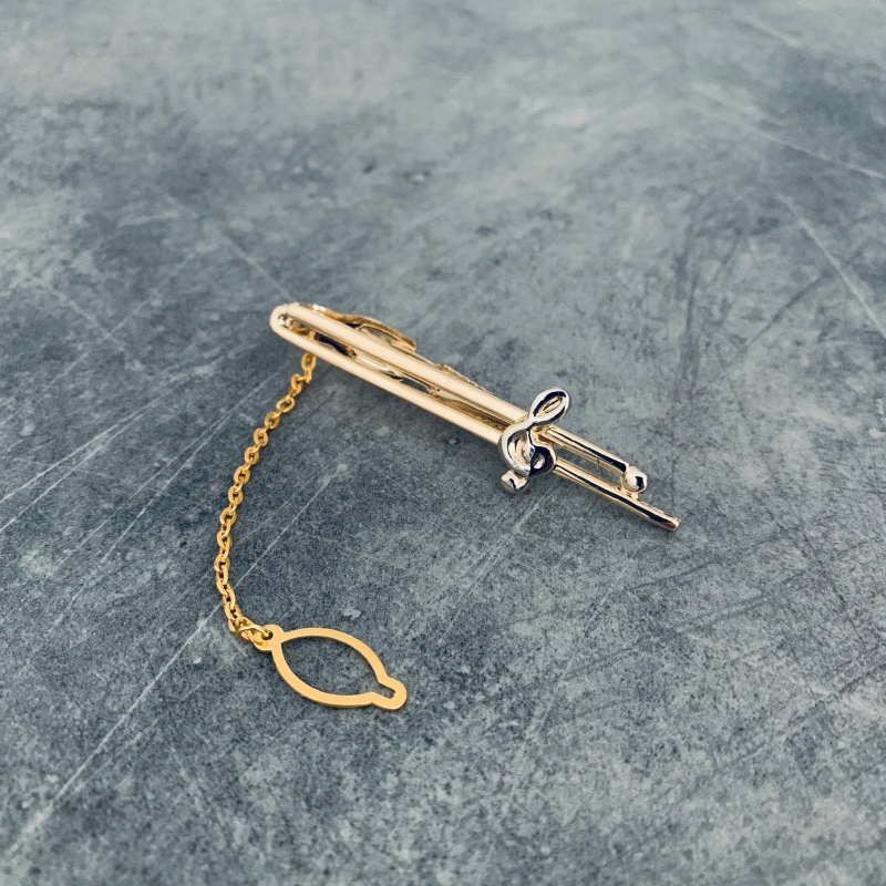 Zlatý set - spona na kravatu a manžetové knoflíčky Houslový klíč a noty 