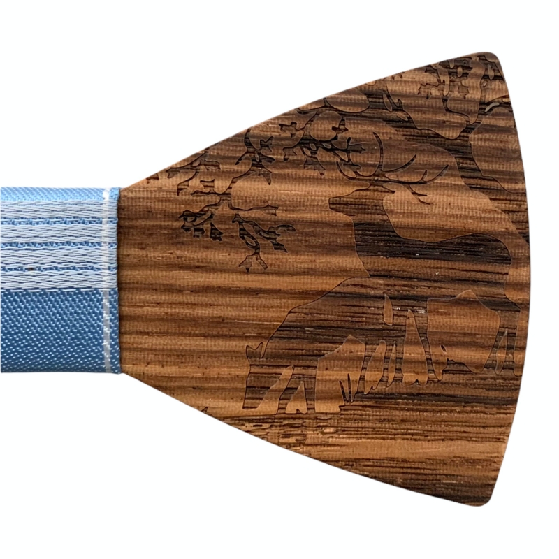 Dřevěný modrý set - motýlek Jeleni + manžetové knoflíčky + kapesník