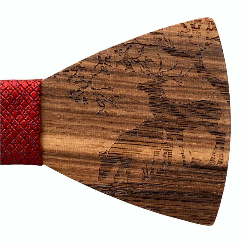 Dřevěný červený set - motýlek Jeleni + manžetové knoflíčky + kapesník