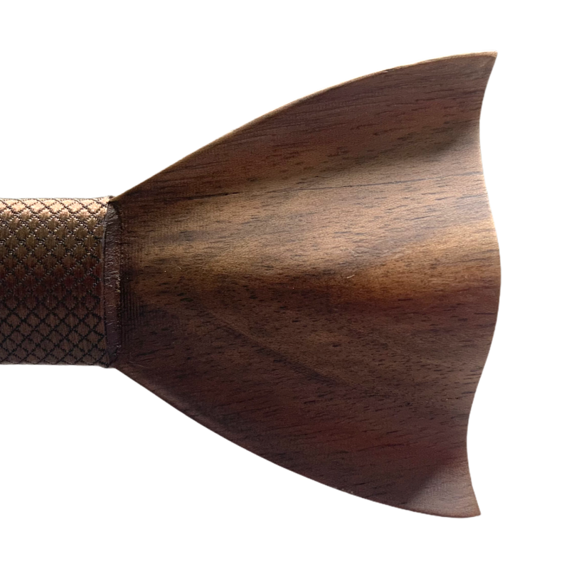 Dřevěný hnědý set motýlek Sharp 3D + manžetové knoflíčky + kapesník