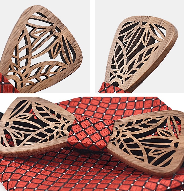 Dřevěný červený set motýlek Geometric Flower + manžetové knoflíčky + kapesník