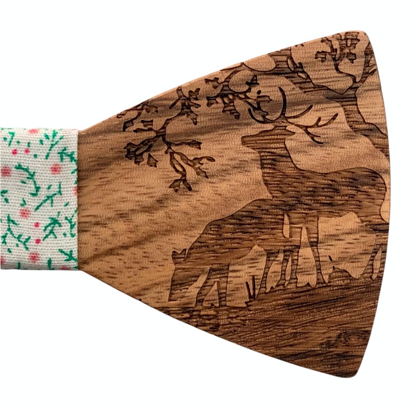 Dřevěný bílý set - motýlek Jeleni + manžetové knoflíčky + kapesník