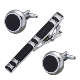 Černo - stříbrný set - spona na kravatu a manžetové knoflíčky Black round