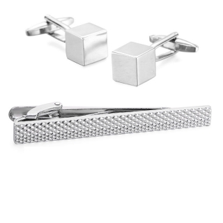 Stříbrný set - spona na kravatu Geometric a manžetové knoflíčky Cube