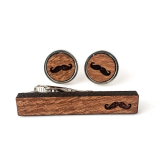 Dřevěný set - spona na kravatu a manžetové knoflíčky Wood Knír