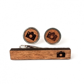Dřevěný set - spona na kravatu a manžetové knoflíčky Wood Fotoaparát
