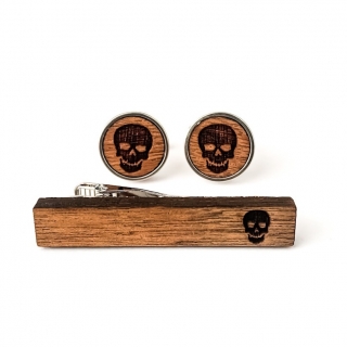 Dřevěný set - spona na kravatu a manžetové knoflíčky Wood Lebka