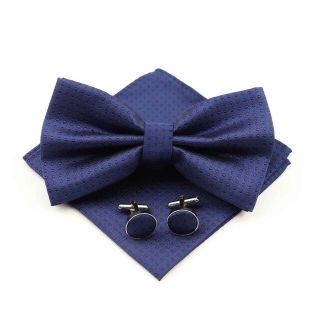 Modrý set - motýlek + kapesník + manžetové knoflíčky Dots