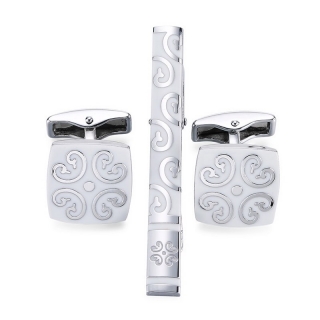 Černo - bílý set - spona na kravatu a manžetové knoflíčky Ornament