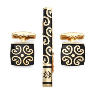 Černo - zlatý set - spona na kravatu a manžetové knoflíčky Ornament