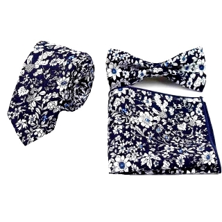 Modrý set kravata, motýlek a kapesník Flower 