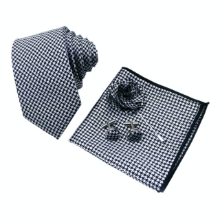 Černý set Houndstooth - kravata, kapesník a manžetové knoflíčky + brož 