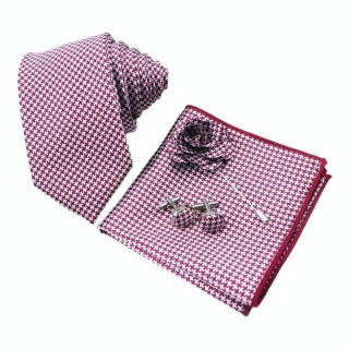 Červený set Houndstooth - kravata, kapesník a manžetové knoflíčky + brož 