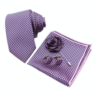 Růžový set Houndstooth - kravata, kapesník a manžetové knoflíčky + brož 