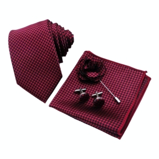 Červeno - černý set Houndstooth - kravata, kapesník a manžetové knoflíčky + brož 