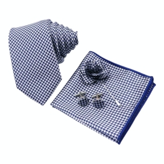 Modrý set Houndstooth - kravata, kapesník a manžetové knoflíčky + brož 