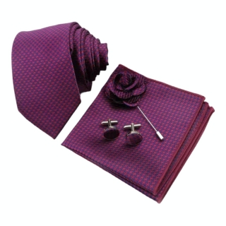 Červeno - modrý Houndstooth - set kravata, kapesník a manžetové knoflíčky + brož 