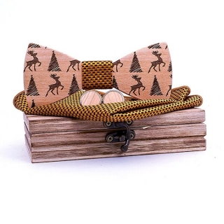 Dřevěný vánoční set - motýlek Jelen a stromeček + manžetové knoflíčky + kapesník