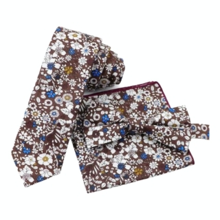 Hnědý set kravata, motýlek a kapesník Flower