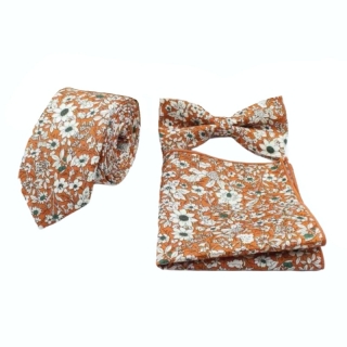 Oranžový set kravata, motýlek a kapesník Flower